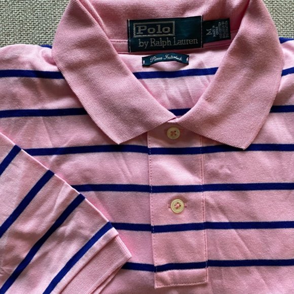 Polo New Men's Blue Dolphin/White Stripe & Pink/Blue Stripe Pima Interlock Shirt - Picture 3 of 15